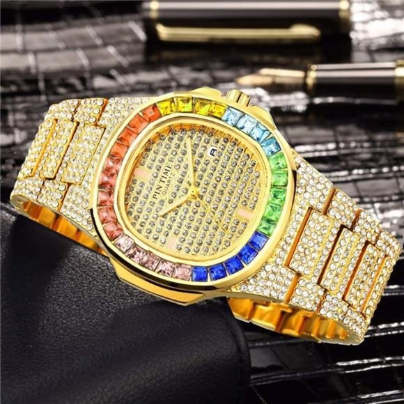 Luxury Bling-ed Out Colorful Diamond Watches Quartz Analog Stainless Steel Band - Picture 3 of 5